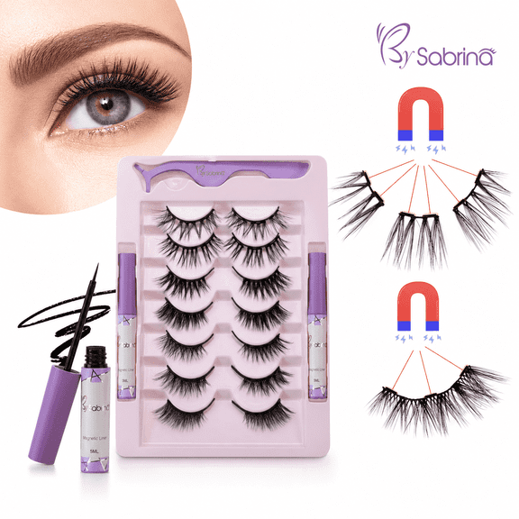 SABRINA Magnetic Eyelash Kit, 7 Pair, 5 Half Lashes and 2 Pair Cluster Lashes, Reusable Natural Look