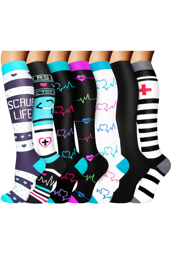 7 Pairs Medical Sport Compression Socks - 15-20mmhg Graduated Knee-High Support for Men & Women, Ideal for Soccer, Running, and Nurses