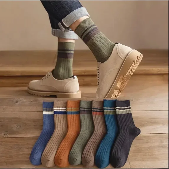 7 Pairs Men's Mid-Calf Striped Socks β Odor-Resistant, Moisture-Wicking, Comfortable Knit Socks for Spring, Autumn & Winter