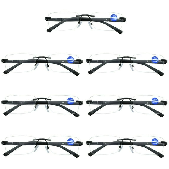 7 Pairs Mens Rectangular Rimless Blue Light Blocking Reading Glasses Spring Hinge Readers +1.50
