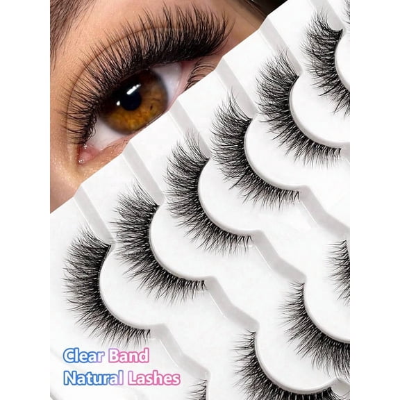 7 Pairs Natural Transparent Stem 3D Curly Comfortable Faux Mink Full Strip False Eyelashes, Suitable For Women's Daily Wear, Dating, Vacation, Work Makeup