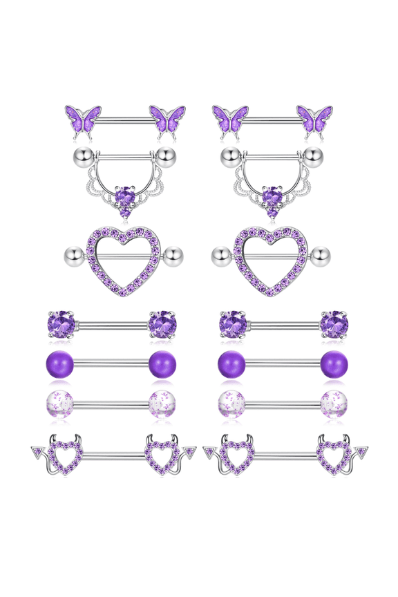 7 Pairs Nipple Rings Surgical Steel Nipple Piercing CZ Heart Butterfly Barbell Tongue Rings Set Cute Nipple Tongue Piercing Jewelry for Women