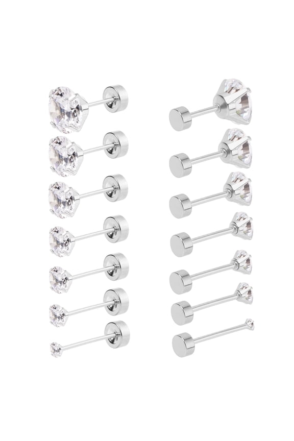 7 Pairs Push-in Cubic Zirconia Flat Back Hypoallergenic Stud Earrings, Plated Surgical Steel Flat Back Earrings Simulated Moissanite Diamond Studs Set for Women Men