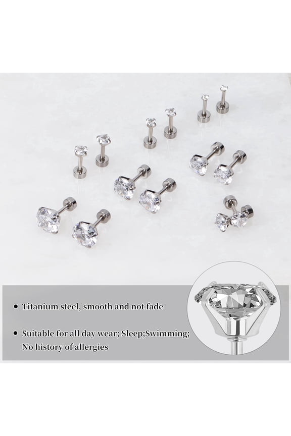 7 Pairs Push-in Cubic Zirconia Flat Back Hypoallergenic Stud Earrings, Plated Surgical Steel Flat Back Earrings Simulated Moissanite Diamond Studs Set for Women Men