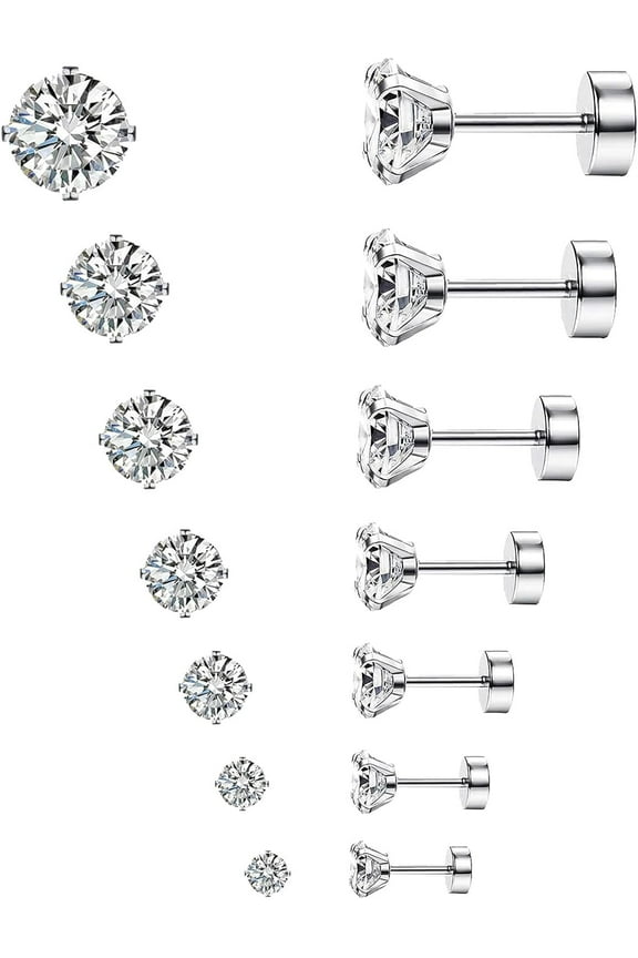 7 Pairs Stainless Steel Earrings 20G Cartilage Earrings Stud Hypoallergenic Cubic Zirconia Barbell Earring Set Flatback Earrings for Women Men 2MM-8MM