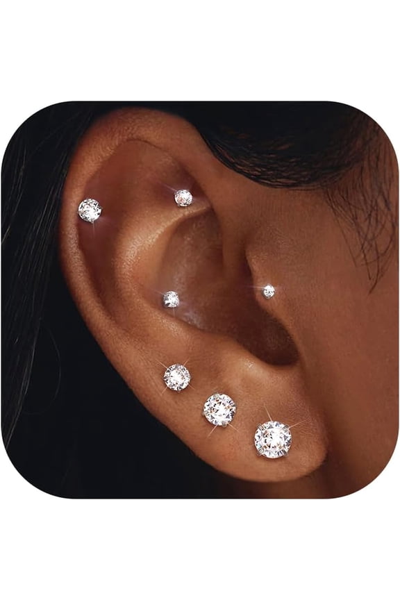 7 Pairs Stud Earrings for Women Cubic Zirconia Stud Earrings Set Gentle On Skin petite size Sleeper Cartilage Studs 2-8mm[b188]