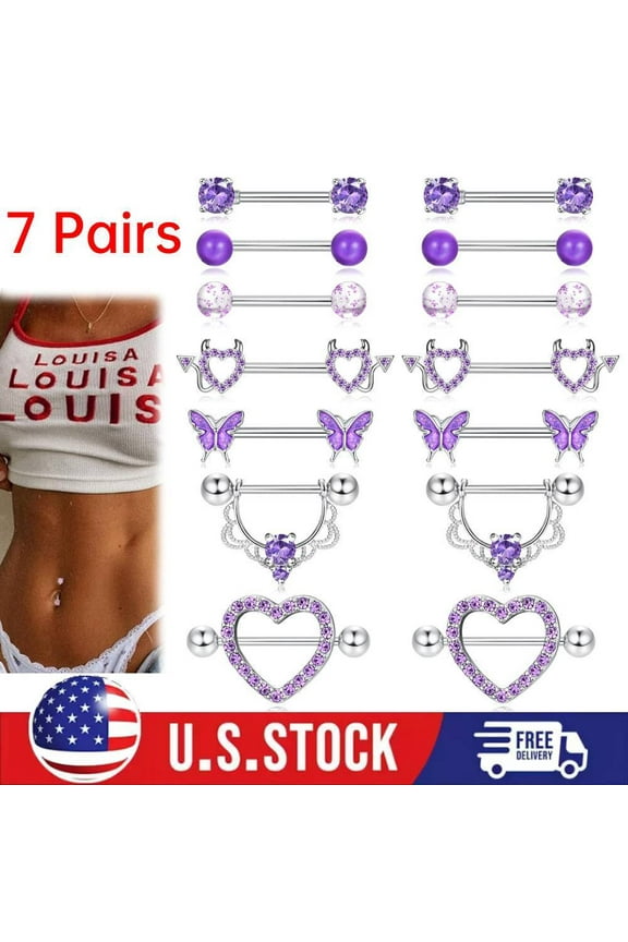 7 Pairs Women 14G Nipple Rings Surgical Steel Nipple Piercing Tongue Rings Set
