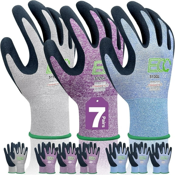 7 Pairs Women’s Gardening Gloves, EN388 2131X, Breathable Micro-Foam Coating, Durable Protective Work Gloves, 3 Purple + 3 Blue + 1 Grey, Small
