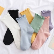 7 Pairs Womens Socks, Ruffle Turn-Cuff Casual Crew Socks Multicolor Breathable Casual Calf Socks Size 6-11