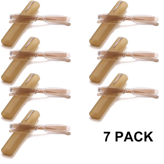 7 Pairs of Portable Small Rectangle Brown Clear Reading Glasses 1.00 With Pen Holder for Women and Men, Plastic Light Weight Readers +1.00