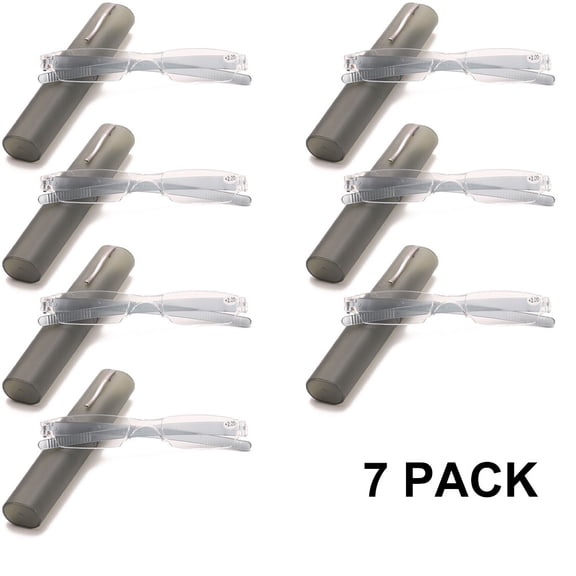 7 Pairs of Portable Small Rectangle Gray Clear Reading Glasses 3.00 With Pen Holder for Women and Men, Plastic Light Weight Readers +3.00