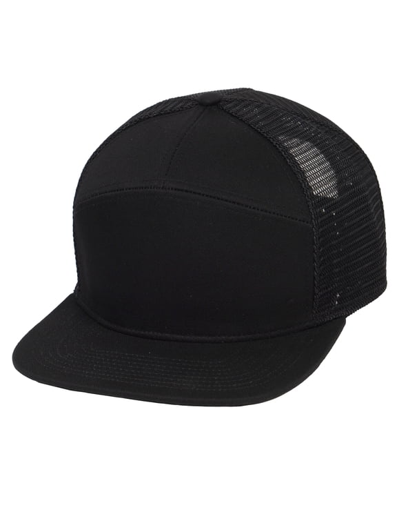 7 Panel Hats For Men - Flat Bill Snapback Trucker Hat, Black