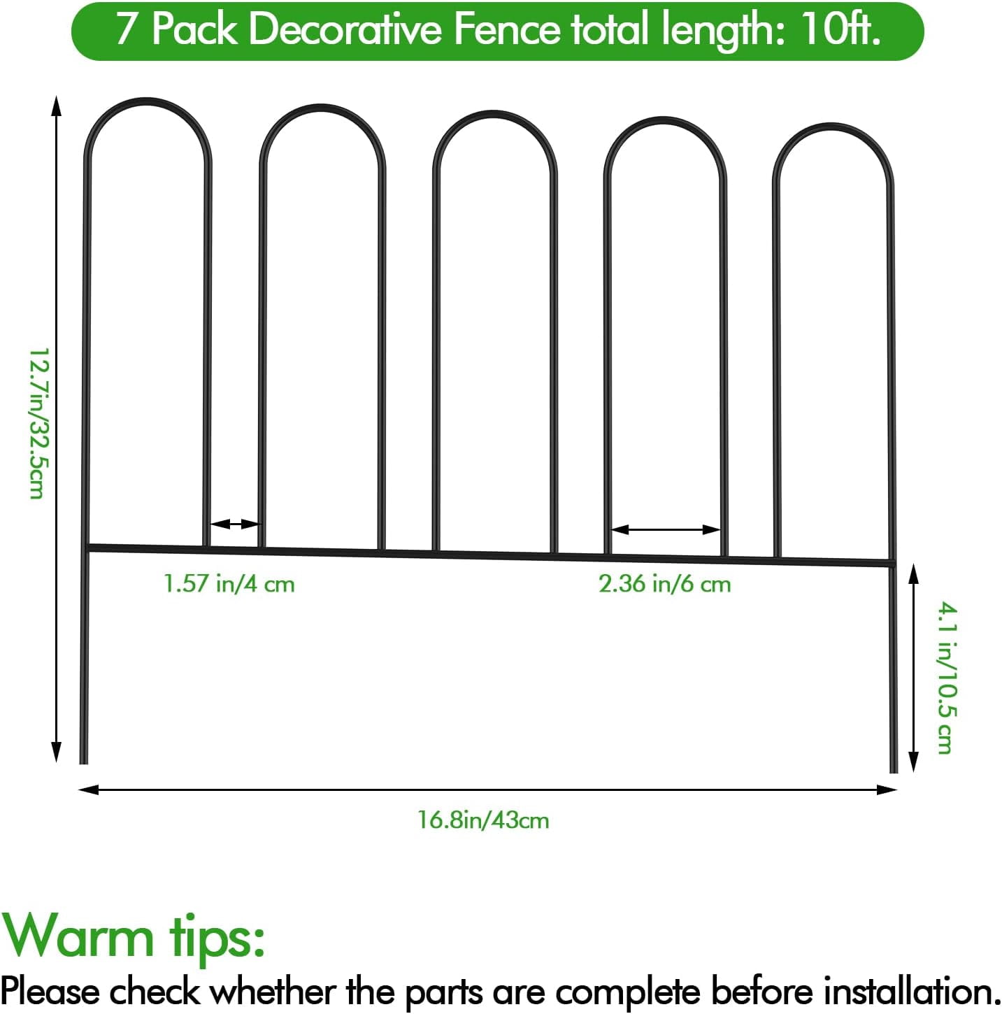 Oumilen 7 Panels Decorative Garden Fence, 12.7″ (H) x 10FT (L) Outdoor Patio Metal Wire Garden Animal Barrier