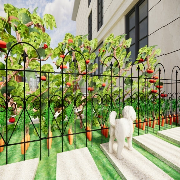 7 Panels Decorative Garden Fence 32in (H) x10.2ft (L) Galvanized Outdoor Rustproof Metal Landscape Wire Fencing Patio Fences Moveable Flower Bed Dogs Barrier Border Black