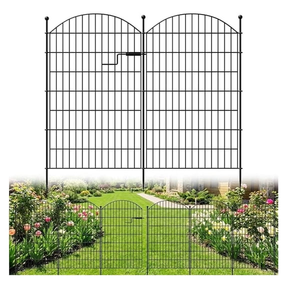 7 Panels Garden Fence with Gate, 40in H X 15ft L Rustproof Metal Wire Panel Border for Dogs Rabbits, Arched Garden Fencing Animal Barrier for Yard Patio Outdoor Decor Temporary Dence