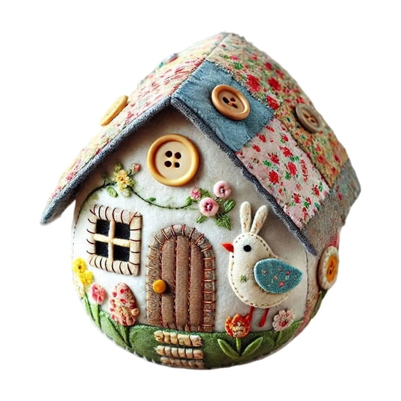 7" Patchwork Felt Egg House Decoration - Hand-Embroidered Easter Egg Ornament with Floral and Button Accents, Rustic Country Cottage Style Home Decor(B)