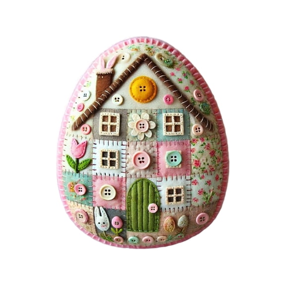 7" Patchwork Felt Egg House Decoration - Hand-Embroidered Easter Egg Ornament with Floral and Button Accents, Rustic Country Cottage Style Home Decor(C)