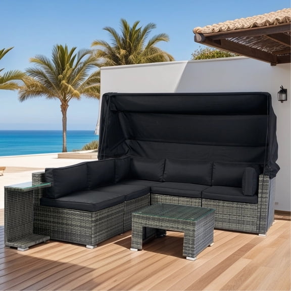 7 Patio With Canopy. Washable Cushions, Construction. For Poolside, Garden. Grey , Black Sectional Furniture Powder Coated Frame, Removable Cushions. Lawn, ,