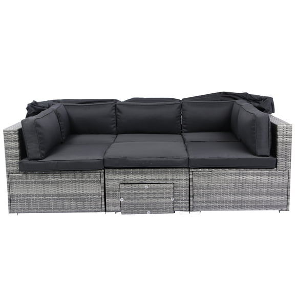 7 Patio Furniture : Retractable Canopy, . Frame, Comfy Cushions. For Poolside, Garden, Backyard. Grey + Black Cushion, & - Canopy . Iron Washable Cushion Covers. Outdoor Spaces.