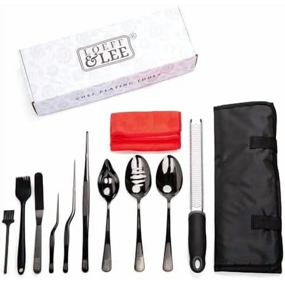 7 Pc Black Plating Tools Culinary Set (Professional Chef Utensils)| Chef Kit with 3 Plating Spoons, 3 Chef Plating Tweezers, Offset Spatula. Bundled with Zester Tool Set and Silicon Basting Brush
