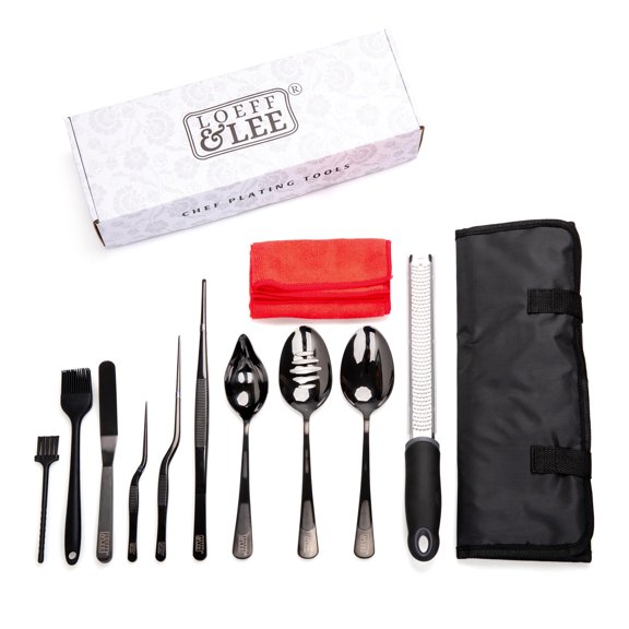 7 Pc Black Plating Tools Culinary Set (Professional Utensils)| Kit with 3 Plating Spoons, 3 Plating Tweezers, Offset Spatula. Bundled with Zester Tool Set and Silicon Basting Brush Y101