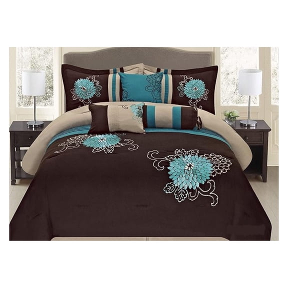 7 Pc Brown, Teal and Taupe Floral Striped Design Full Size Comforter Set