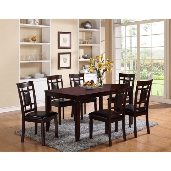 7-Pc Dinette Set Brown Espresso Finish Rectangular Table Faux Leather Upholstery Padded Lattice Design Side Chairs Dining Room Wooden Dining Set Furniture Contemporary Transitional Style BN.2762