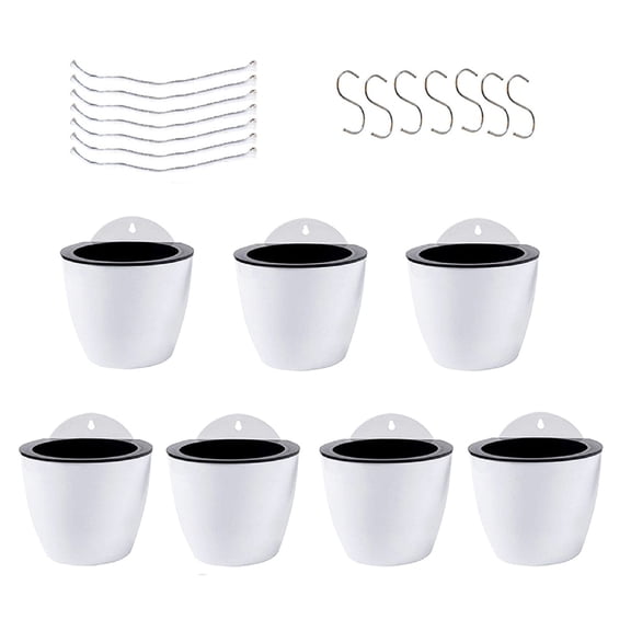 7-Pcs 3.1" White Wall-Mounted Plastic Plant Pots Decorative Flowerpots with Hooks & Absorbent Cotton Threads, Automatic Watering Plant Flowerpot 3.1 inches