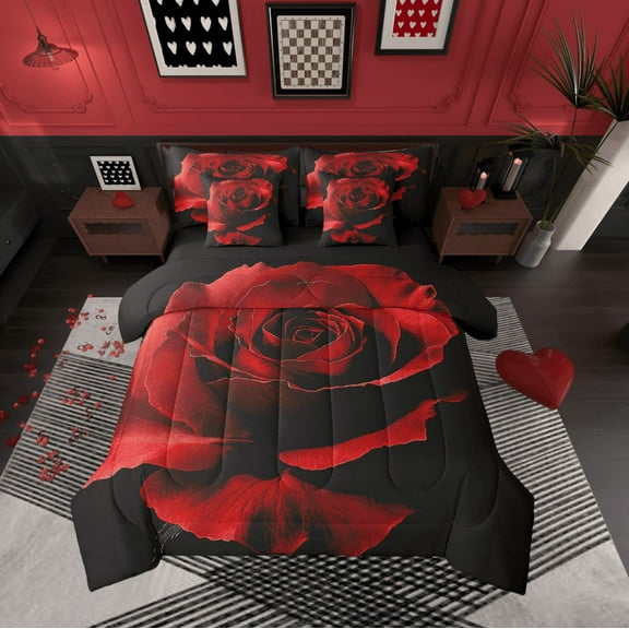 7 Pcs 3D Rose Floral Bed in a Bag Queen Comforter Set,Romantic Valentine's Day Sheet Set Women Lovers,Red Rose Flower Bedding with Comforter,Lovers Red Black Rose Quilt Cover