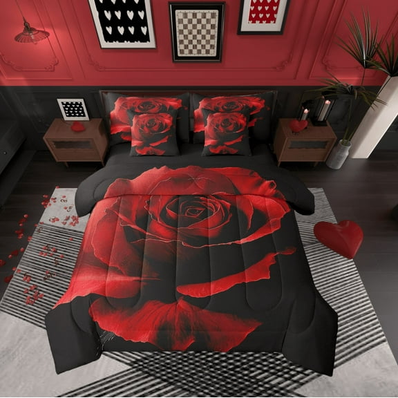 7 Pcs 3D Rose Floral Bed in a Bag Twin Comforter Set,Romantic Valentine's Day Sheet Set Women Lovers,Red Rose Flower Bedding with Comforter,Lovers Red Black Rose Quilt Cover
