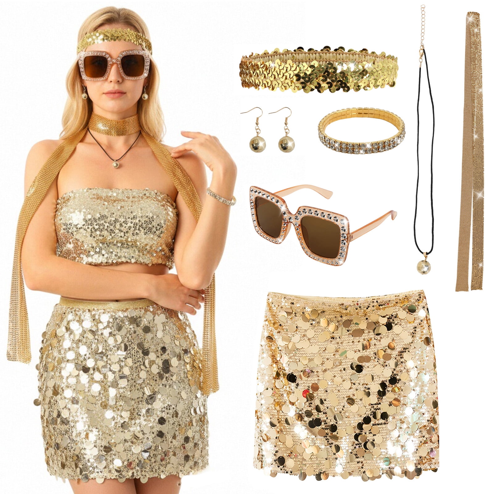 6pcs Disco Accessories Disco Costume for Women with Glitter Scarf Sunglasses Earrings Bracelet Headband for Disco Party Carnival 70s 80s