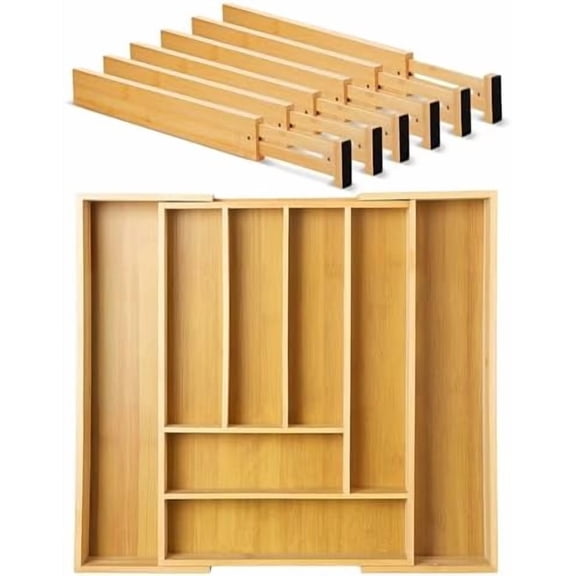 7 Pcs Adjustable Bamboo Drawer Dividers Expandable Drawer Organizers Cutlery Tray Spring Separators Organization for Kitchen Bedroom Bathroom Dresser Office$$Office