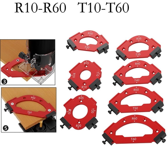 7 Pcs Aluminum Alloy Router Jig Kit for Table Corner R10-R60 Radius Template Trimming Tool Woodworking Cabinet Edge Shaping Red