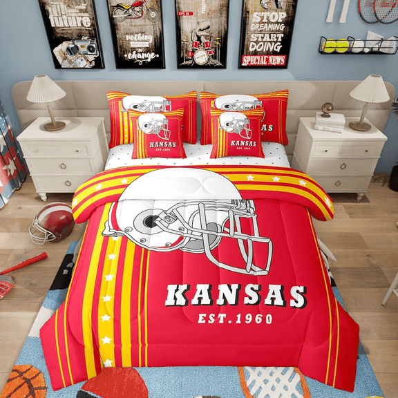 7 Pcs American Football City Full Comforter Sets Bed in a Bag Football Sports Game Comforter Set with Sheets, Kansas (1 Comforter, 1 Flat Sheet 1 Fitted Sheet 2 Pillowcases and 2 Throw Pillow Covers)