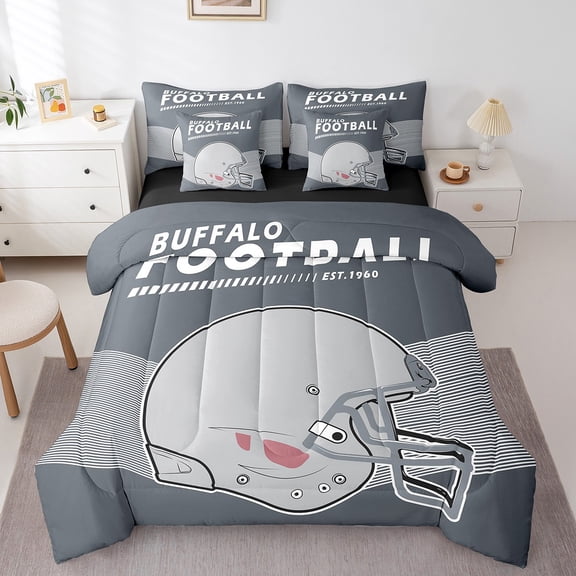 7 Pcs American Football Comforter Set Twin Size, Rugby Sports Competition Bed in a Bag with Flat Sheet and Fitted Sheet Adults, 3D Helmet Bedding Set with Pillowcases & Throw Pillow Covers