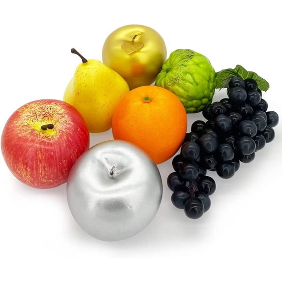 7 Pcs Artificial Fruit Decor, Realistic Lifelike Faux Fake Fruits, Simulation Apple Oranges Grapes, Golden Silver Apple Home Decoration Christmas