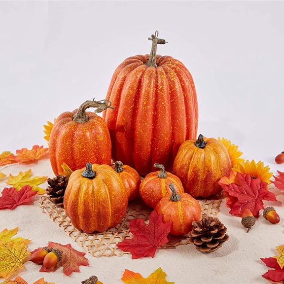 7 Pcs Assorted Sizes Artificial Pumpkins Fall Decor Fake Faux Foam Pumpkins for Halloween Thanksgiving Harvest Home Table Decor (Orange)