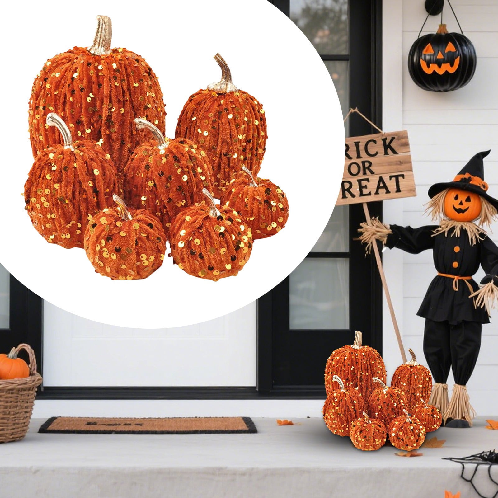7 Pcs Assorted Sizes Artificial Pumpkins, outdoor pumpkins for porch
