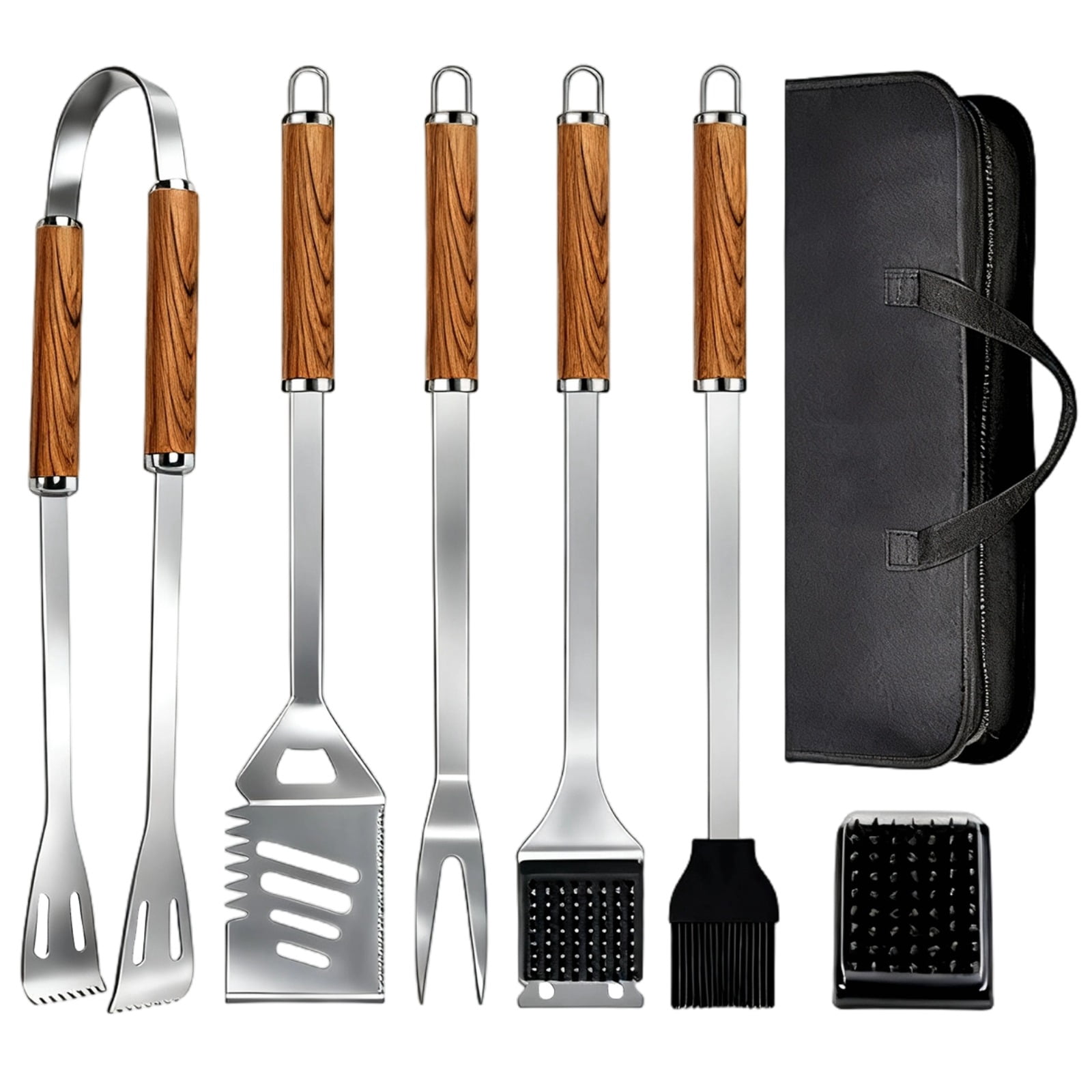 7 Pcs BBQ Tool Set with Wood Handle and Storage Bag, Stainless Steel Grilling Utensils with Extended Tongs, Includes Spatula, Fork, Brush, for Outdoor Cooking