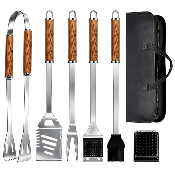 7 Pcs BBQ Tool Set with Wood Handle and Storage Bag, Stainless Steel Grilling Utensils with Extended Tongs, Includes Spatula, Fork, Brush, for Outdoor Cooking