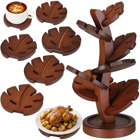 7 Pcs Bamboo Wooden Tree Trivets with Storage Stand, Tea Brown Tree Shape Coaster Trivet Set for Hot Dishes Pot Bowl Teapot Heat Resistant Mat Set for Countertop Kitchen Dining Table.