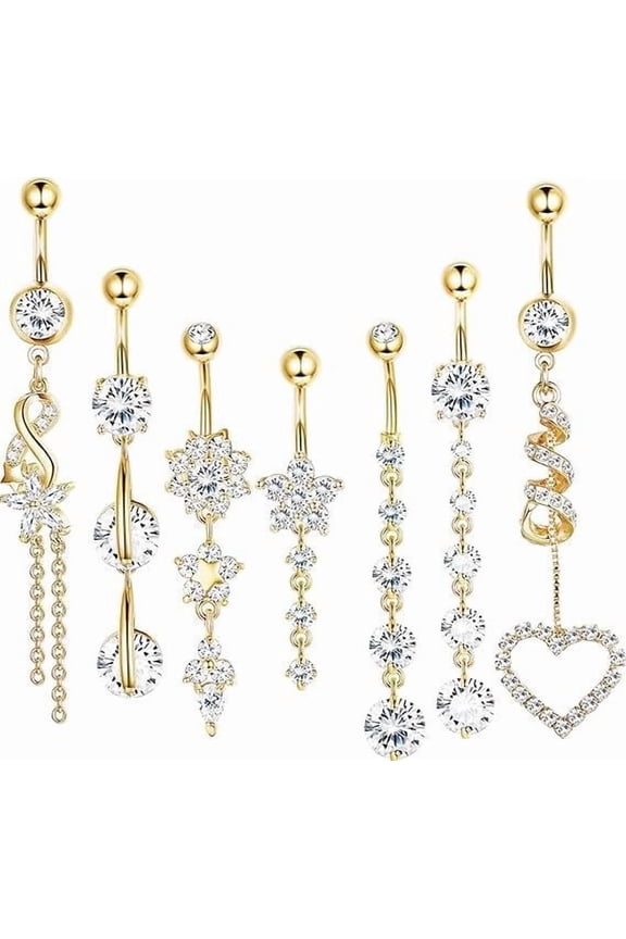 7 Pcs Belly Button Ring Pendants, Belly Button Piercing Jewelry, Dangle Belly Button Rings, Stainless Steel Belly Rings for Women, Cute Heart-Shaped Bow Flower Pregnancy Belly Rings