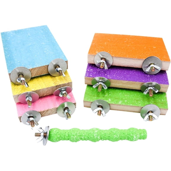 7 Pcs Bird Perch Stand Toy, Wood Parrot Stand Platform Colorful Sand Paw Grinding Stick Cage Accessories Exercise Toys for Cockatiel Conure Budgies Parakeet Lovebird Hamster Gerbil Rat Mouse (7 Pcs)