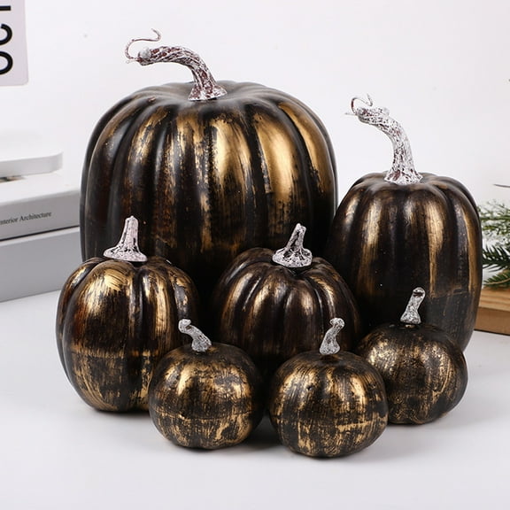 7 Pcs Black Gold Artificial Pumpkins, Faux Foam Pumpkins Assorted Sizes Realistic Pumpkins for Fall Harvest Halloween Thanksgiving, Suitable for Home Table Decor, Party Supplies, and Seasonal Display