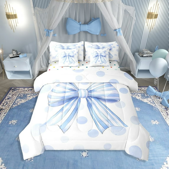 7 Pcs Blue Bow Tie Comforter Twin,Watercolor Bowknot Butterfly Knot Princess Women Bedding Set,Geometric Dots Stripes Dreamy(Comforter+Fitted+Flat+2 Pillowcases+2 Throw Pillow Covers)