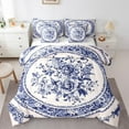 thumbnail image 1 of 7 Pcs Blue White Floral Bed in a Bag Full Comforter Set,Geometric Oriental Flower Sheet Set Teens Women,Chinese Style Bedding with Comforter,Vintage Blossom Quilt Cover, 1 of 5