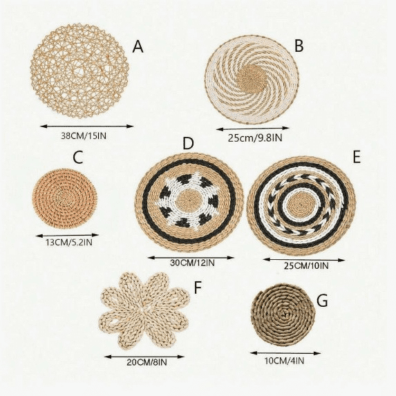 7 Pcs Bohemian Basket Wall Decor Set,Hanging Woven Wall Baskets,Handcrafted Wicker Round Seagrass Wall Art,Decorative Rustic Bohemian Basket Decor,Woven Straw Baskets for Living Room Bedroom Decor