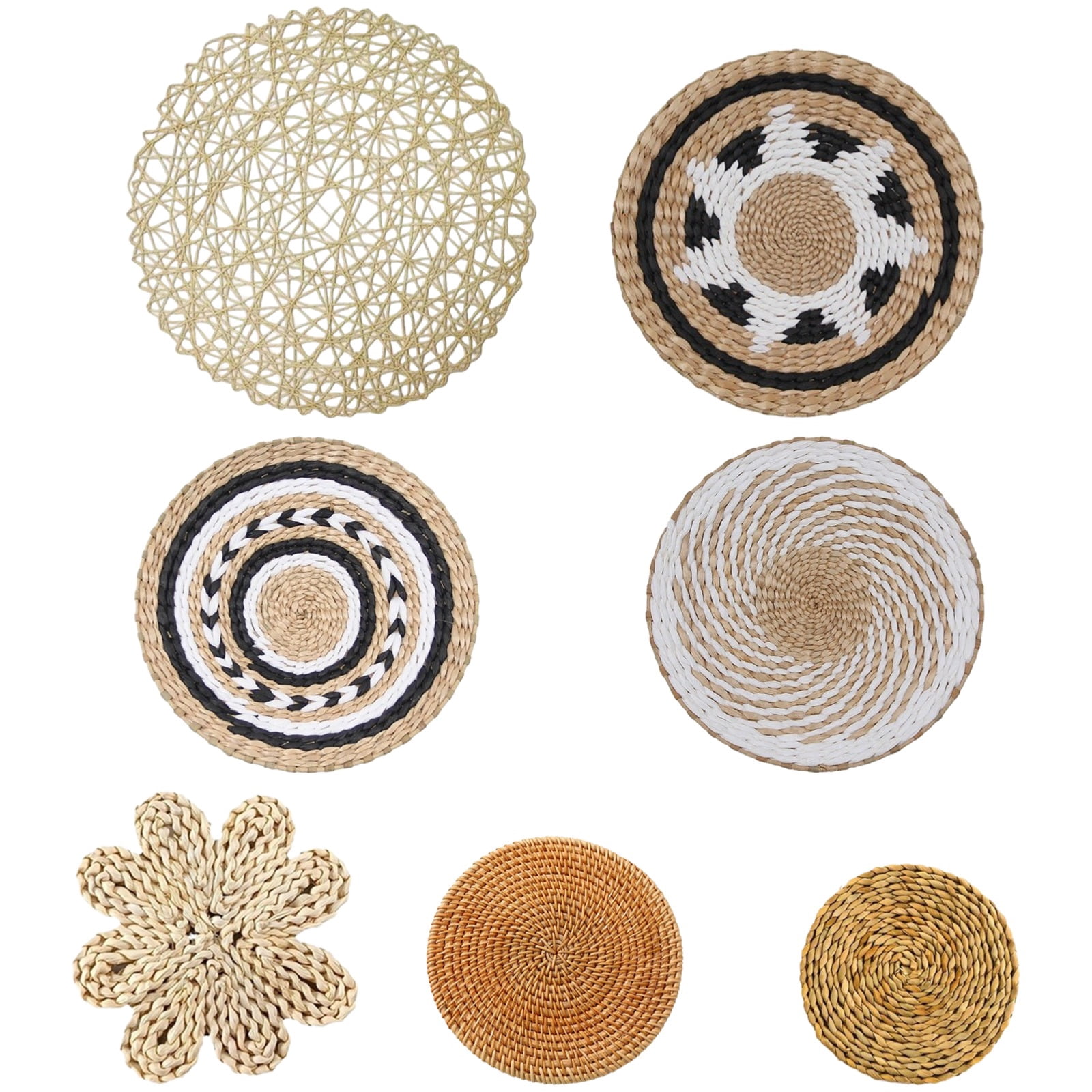 7 Pcs Bohemian Basket Wall Decor Set,Hanging Woven Wall Baskets,Handcrafted Wicker Round Seagrass Wall Art,Decorative Rustic Bohemian Basket Decor,Woven Straw Baskets for Living Room Bedroom Decor