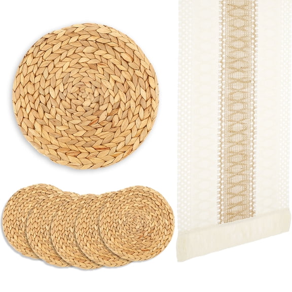 7 Pcs Boho Table Runner and Placemats Set 72 In Long Table Runner 11.8 In Round Woven Placemats,Braided Natural Water Hyacinth Place Mat Farmhouse Rustic for Home Dining Room