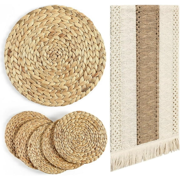 7 Pcs Boho Table Runner and Round Placemats Set Table Runner Woven Placemats Braided Water Hyacinth Place Mat Farm Beige Centerpiece for Spring Summer Home Dining(12 x 72 Inch)